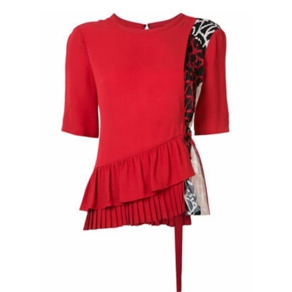 YIGAL AZROUËL Silk Red Pleated Wrap Peplum Top 4 - Picture 5 of 12